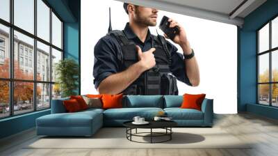 male security guard talking to walkie-talkie on transparency background PNG
 Wall mural