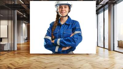 Smiling cross-armed female engineer in blue workwear and safety white helmet on transparency background PNG
 Wall mural