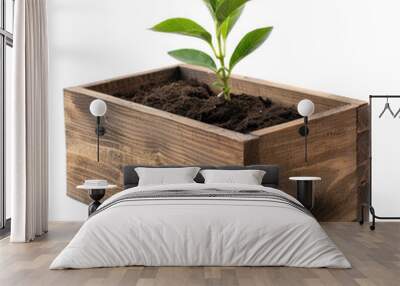 Wooden box with soil for growing plants isolate on transparency background Wall mural