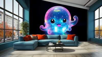 Colourful Neon Cute mushroom Like Creature with pink mounth and two big black eyes in a Black Background Wall mural