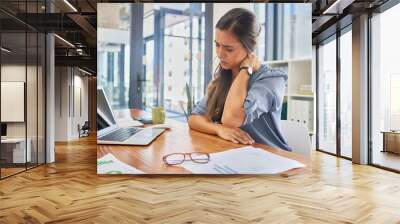 Stress, problem and business woman with neck pain, anxiety or posture issue in office. Burnout, fatigue and financial advisor suffering injury, arthritis or fibromyalgia while checking tax documents Wall mural