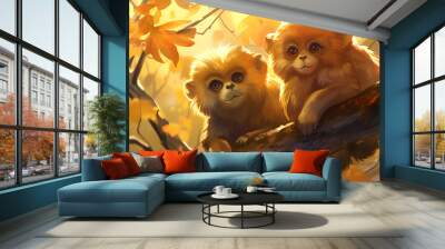 Two little monkeys under the warm autumn sun Wall mural