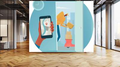 Delivery man with cardbox in open doors. Mobile delivery app Wall mural