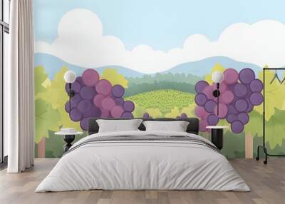 a cartoon vector illustration with purple grapes and green vineyards in the background, Generative AI Wall mural