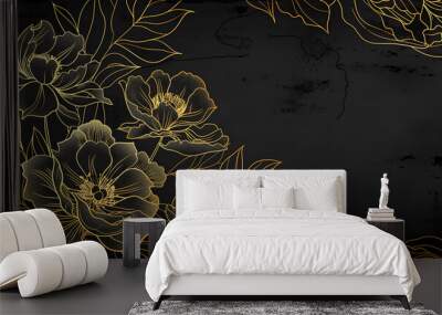 A golden line art of peonies on the left side against a black background,Generative AI  Wall mural