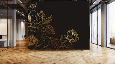 A golden line art of peonies on the left side against a black background,Generative AI  Wall mural