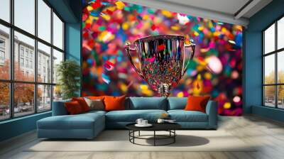 A shiny trophy surrounded by colorful confetti, Generative AI Wall mural