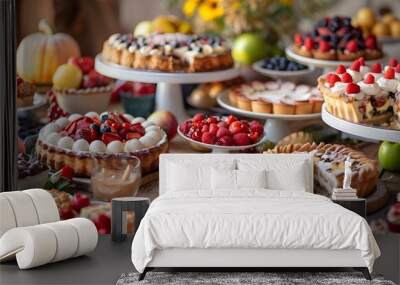 A table full of desserts and fruit, A table full of desserts and fruit, Generative AI Wall mural