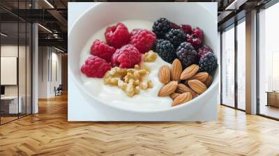 a white bowl with yogurt, nuts, fruits and honey, Generative AI Wall mural