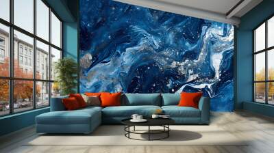 Abstract blue marble texture with silver splashes, Generative AI  Wall mural