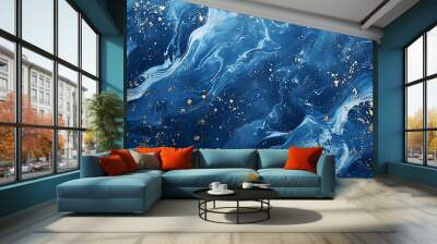 Abstract blue marble texture with silver splashes, Generative AI  Wall mural