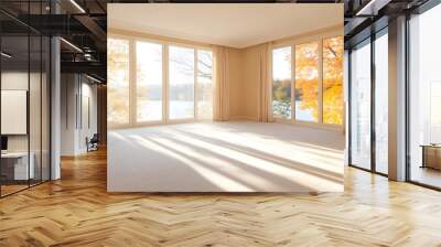 An empty room with floor-to-ceiling windows overlooking the lake and fall trees outside, Generative AI Wall mural