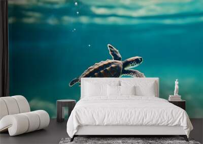 Baby sea turtle swimming in blue ocean, Generative AI Wall mural