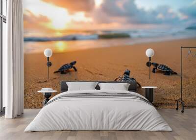 baby sea turtles making their way across a sandy beach at sunrise , Generative AI Wall mural