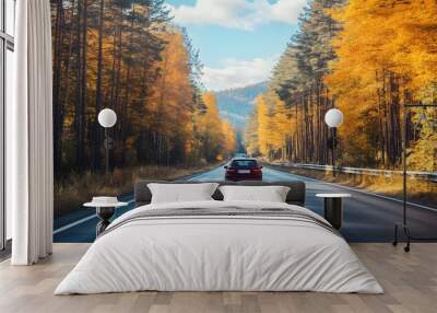 car drive on autumn road in beautiful nature Wall mural