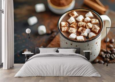 Chocolate hot cocoa in coffee white mug with marshmallow, Generative AI  Wall mural