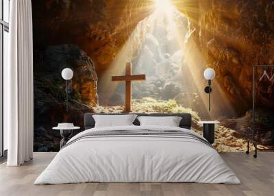 cross in a cave in the rays of sun and dust, Generative AI Wall mural