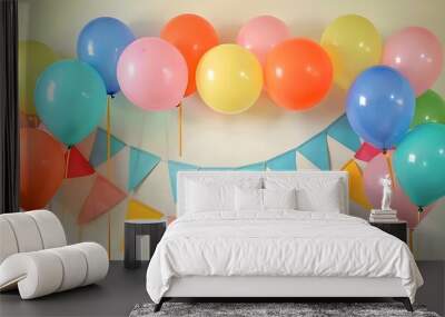 Decoration for birthday party with colorful paper flags and balloons, Generative AI  Wall mural