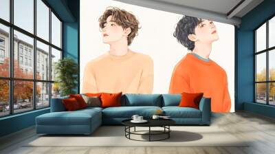 Delicate watercolor line drawing upper body of two cute 15-year-old boys, Generative AI Wall mural