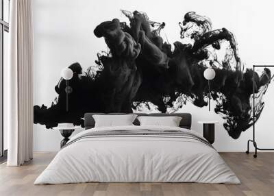 Dense cloud of black ink spreading through water white background, Generative AI Wall mural