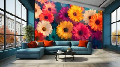 Oil painting style, vibrant and joyful background filled with multi-colored gerberas, Generative AI Wall mural