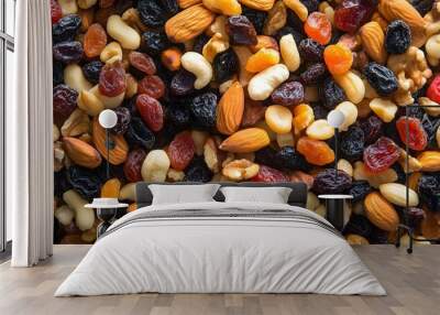 Pile of different nuts mix with dried fruit background , Generative AI Wall mural