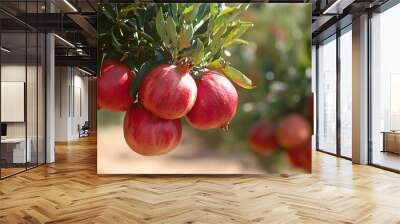 pomegranate tree full of red fruits in an orchard, Generative AI Wall mural