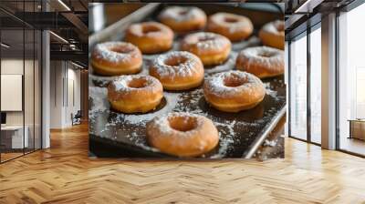 Preparing doughnuts for frying on a baking sheet , Generative AI Wall mural