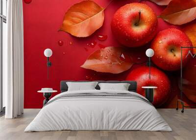 Red apples with orange autumn leaves on red background with copy space, Generative AI  Wall mural