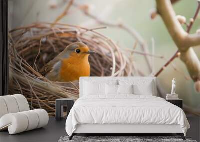 Robin sitting in a cozy nest made of twigs and feathers, Generative AI Wall mural