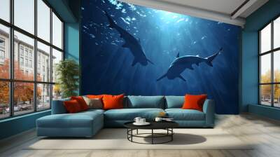 sharks swimming in the deep blue sea, Generative AI Wall mural