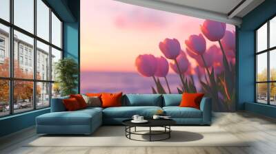 sunset purple tulips on a beach, Generative AI Wall mural