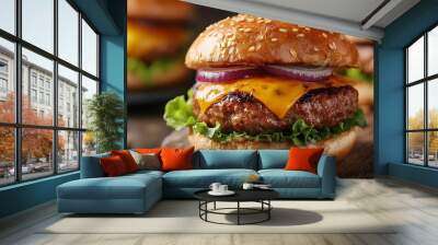 tasty hamburgers with beef meat or cheese and onion, Generative AI Wall mural