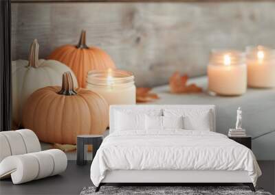 The pumpkins are surrounded by scattered dry leaves and softly glowing candles in mason jars, Generative AI  Wall mural