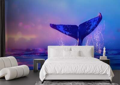 The sky is blue, the colorful sea at dark twilight and the huge whale tail, Generative AI Wall mural