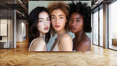 three beautiful female models standing next to each other at a fashion ad show, Generative AI  Wall mural