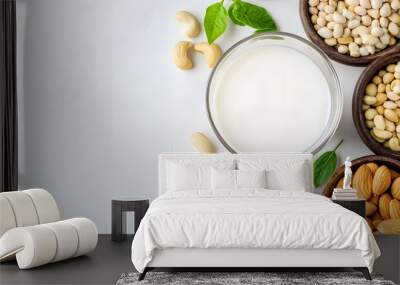 Vegan Milk Glass Surrounded by Almonds, Cashews, and Soybeans, Generative AI Wall mural