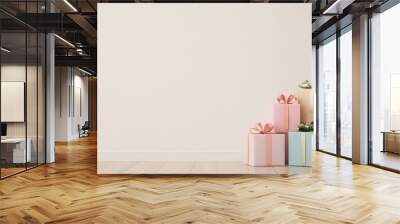 vibrant present boxes adorned with ribbons resting on a simple floor and wall, Generative AI Wall mural