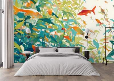 watercolor of a school of bright neon tetra fish darting through water plants, Generative AI Wall mural