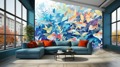 watercolor of a school of bright neon tetra fish darting through water plants, Generative AI Wall mural