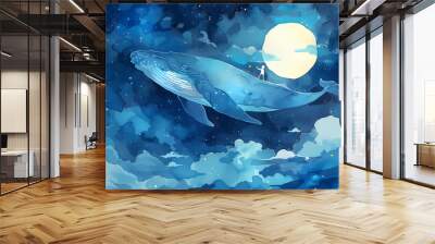 Whale floating on night sky watercolor art , Generative AI  Wall mural