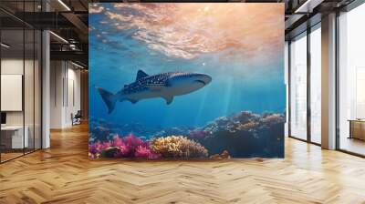 Whale Shark swimming over a tropical coral reef, Generative AI Wall mural