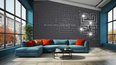 2023 Happy New Year white black cyberspace high tech typography greek mystic meander ornament labyrinth with sparkler firework abstract pattern black background Wall mural