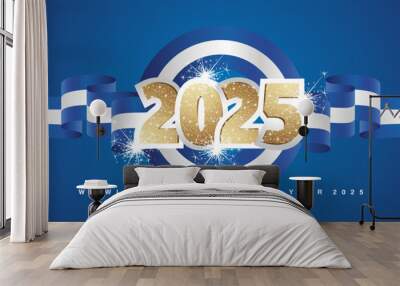 2024 New Year emblem design template with golden glitter 2025 front on Greece blue white wavy flag ribbon. 2025 premium design vector with light sparkle firework isolated on blue background Wall mural