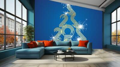 2025 New Year abstract white golden Christmas tree made by multiply line design 2025 year numbers shining sparkle firework blue background greeting card Wall mural