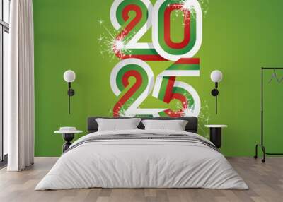 2025 New Year continuous Bulgaria ribbon. Abstract white green red flag of Bulgaria in the shape of 2025 logo with sparkle firework. New Year concept greeting card Wall mural