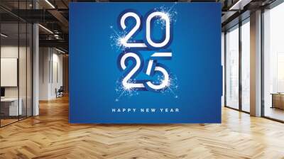 2025 New Year continuous Greece ribbon. Abstract white blue flag of Greece in the shape of 2025 logo with sparkle firework. New Year concept greeting card Wall mural