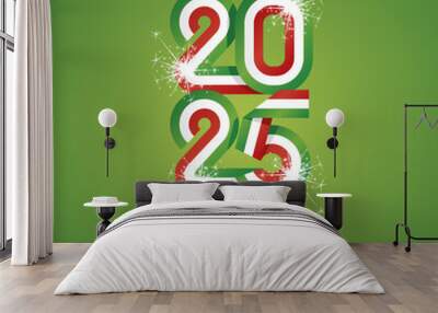 2025 New Year continuous Italy ribbon. Abstract green white red flag of Italy in the shape of 2025 logo with sparkle firework. New Year concept greeting card Wall mural