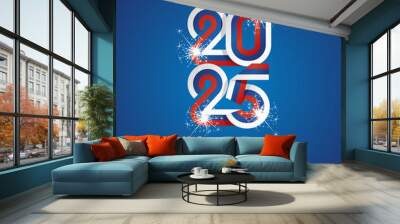 2025 New Year continuous Slovenia ribbon. Abstract white blue red flag of Slovenia in the shape of 2025 logo with sparkle firework. New Year concept greeting card Wall mural