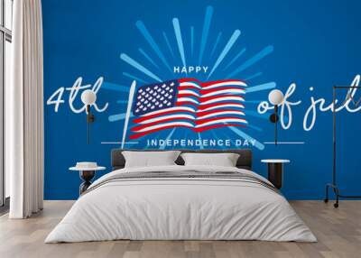 4th of july handwritten typography happy Independence day firework US abstract wavy flag blue background banner Wall mural